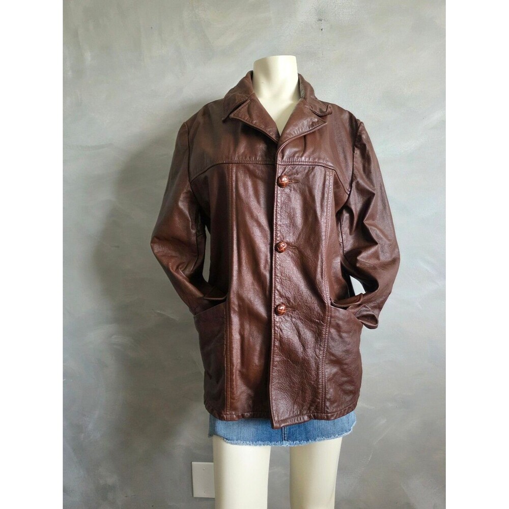 Vtg Dark Brown Leather Collar Button Lined Jacket Coat 40R Unisex Off Duty Model